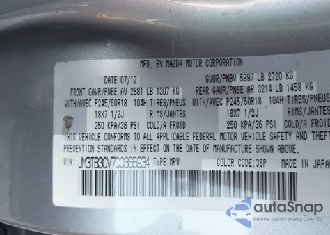 2012 Mazda Cx-9 Touring from USA, damaged, VIN JM3TB3CV7C0365934
